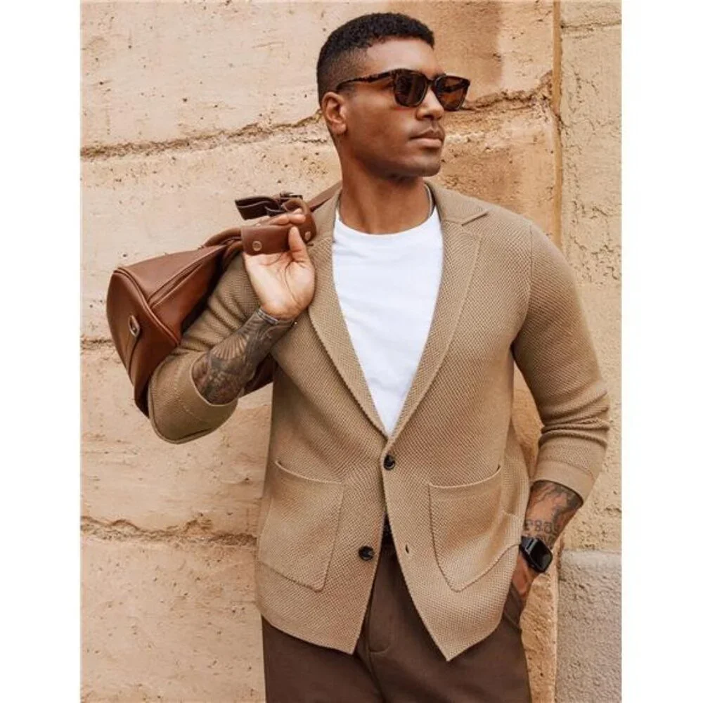 Men's Sweater Shawl Collar Button Down Jacket Khaki - Picture 2 of 6